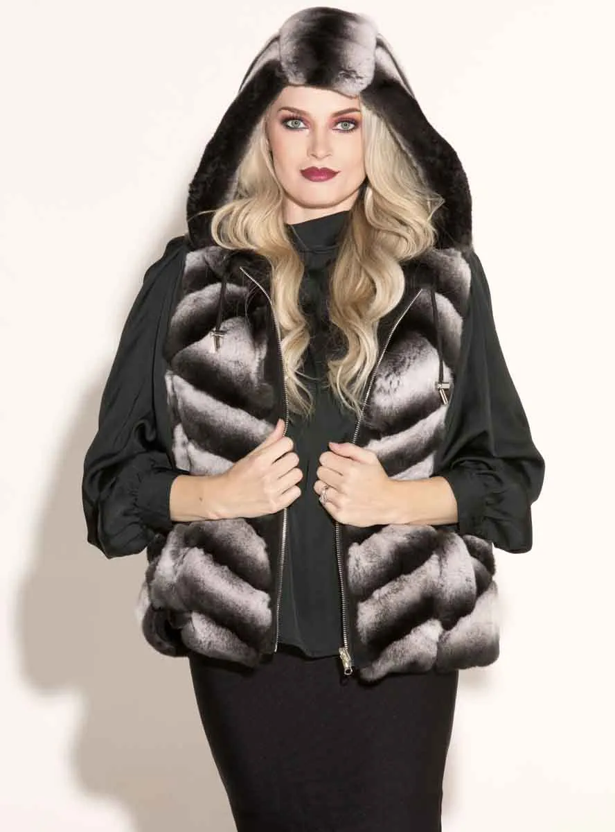 Reversible Chevron Rex Rabbit Fur Vest with Hood