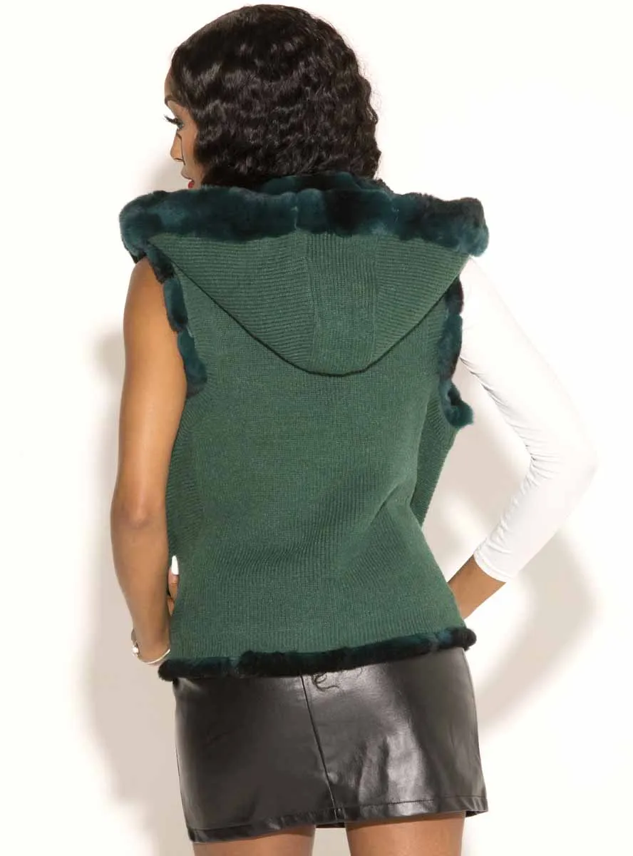 Reversible Chevron Rex Rabbit Fur Vest with Hood