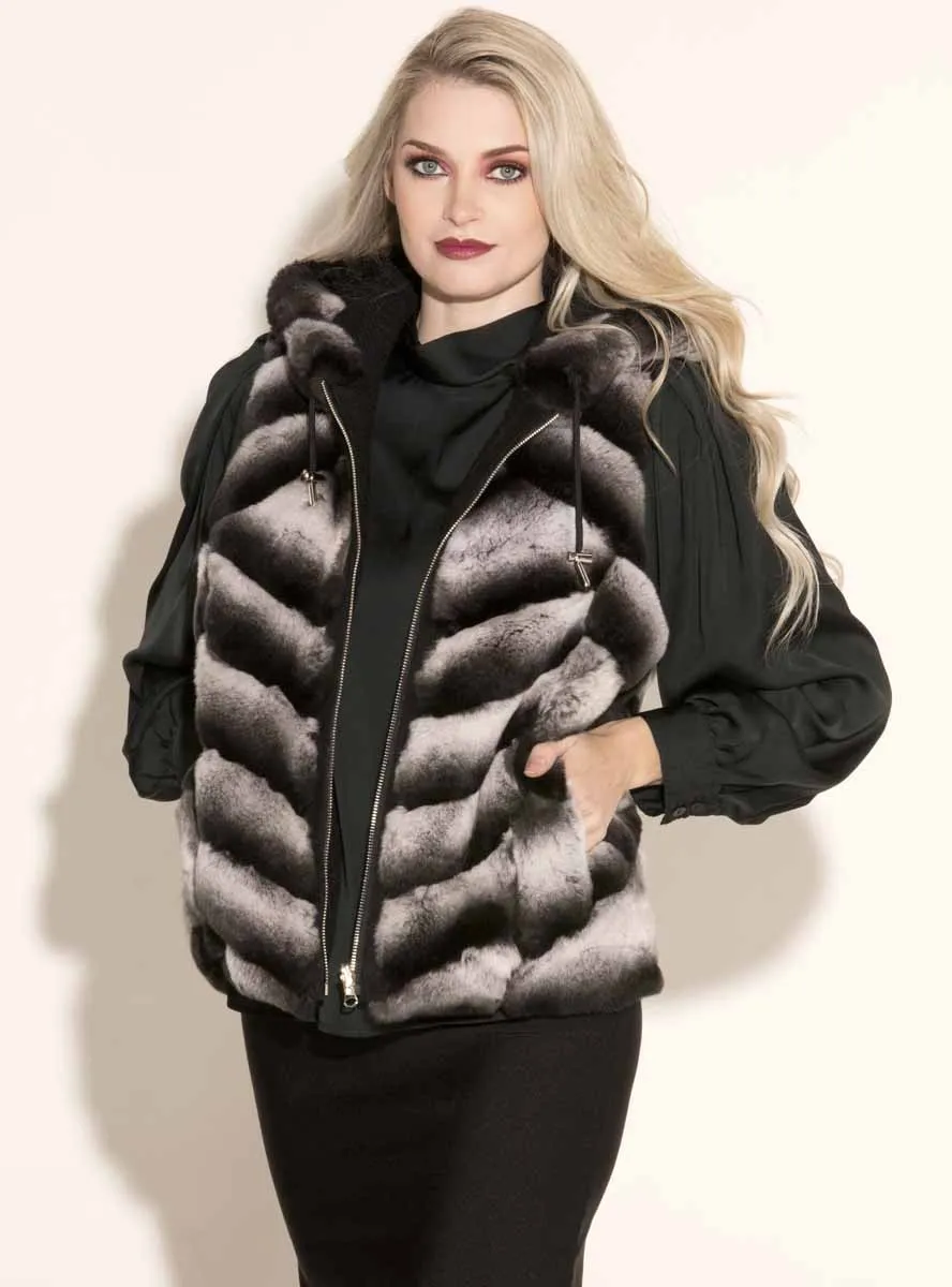 Reversible Chevron Rex Rabbit Fur Vest with Hood