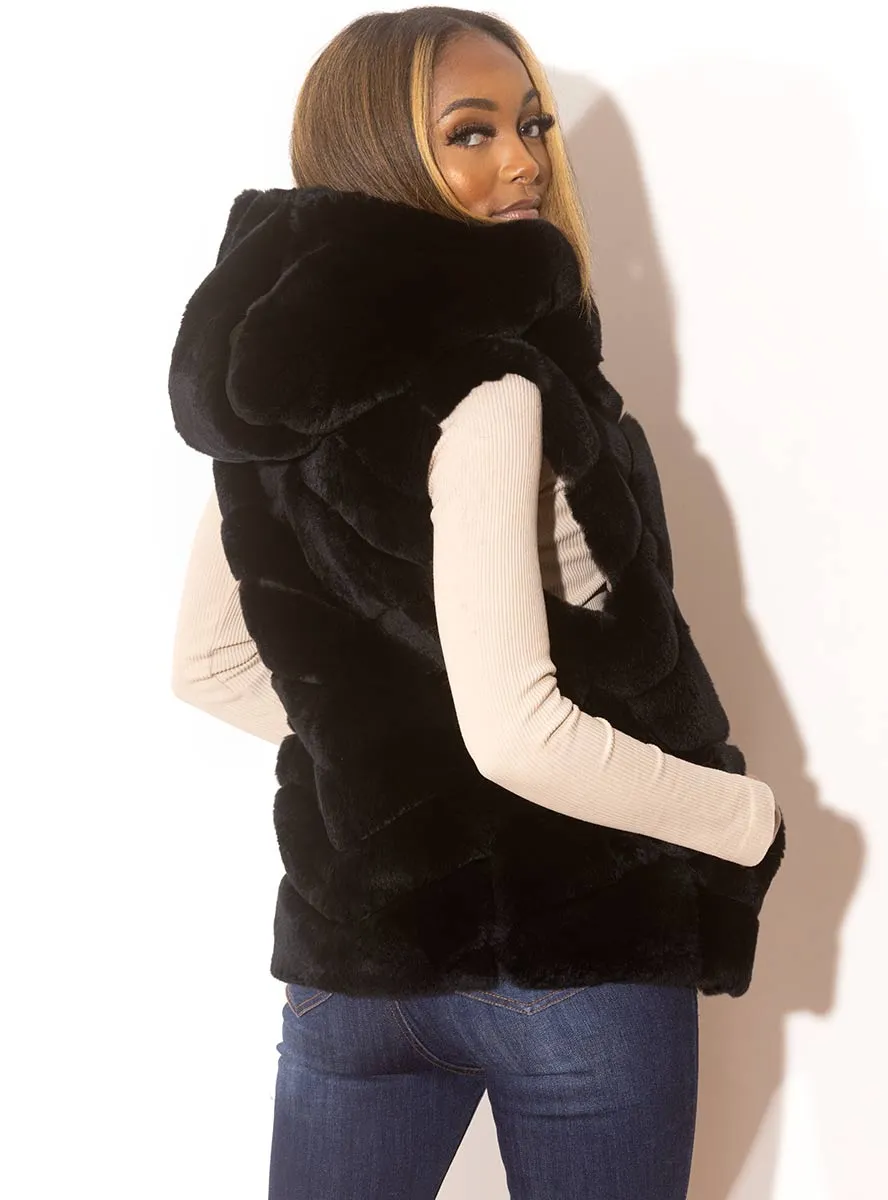 Reversible Chevron Rex Rabbit Fur Vest with Hood