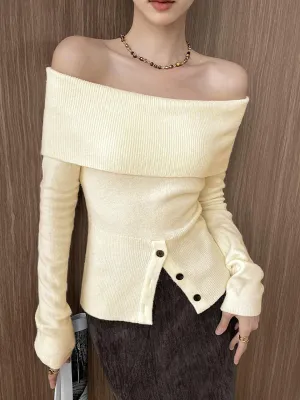 Ribbed Off-Shoulder Slit Cozy Sweater