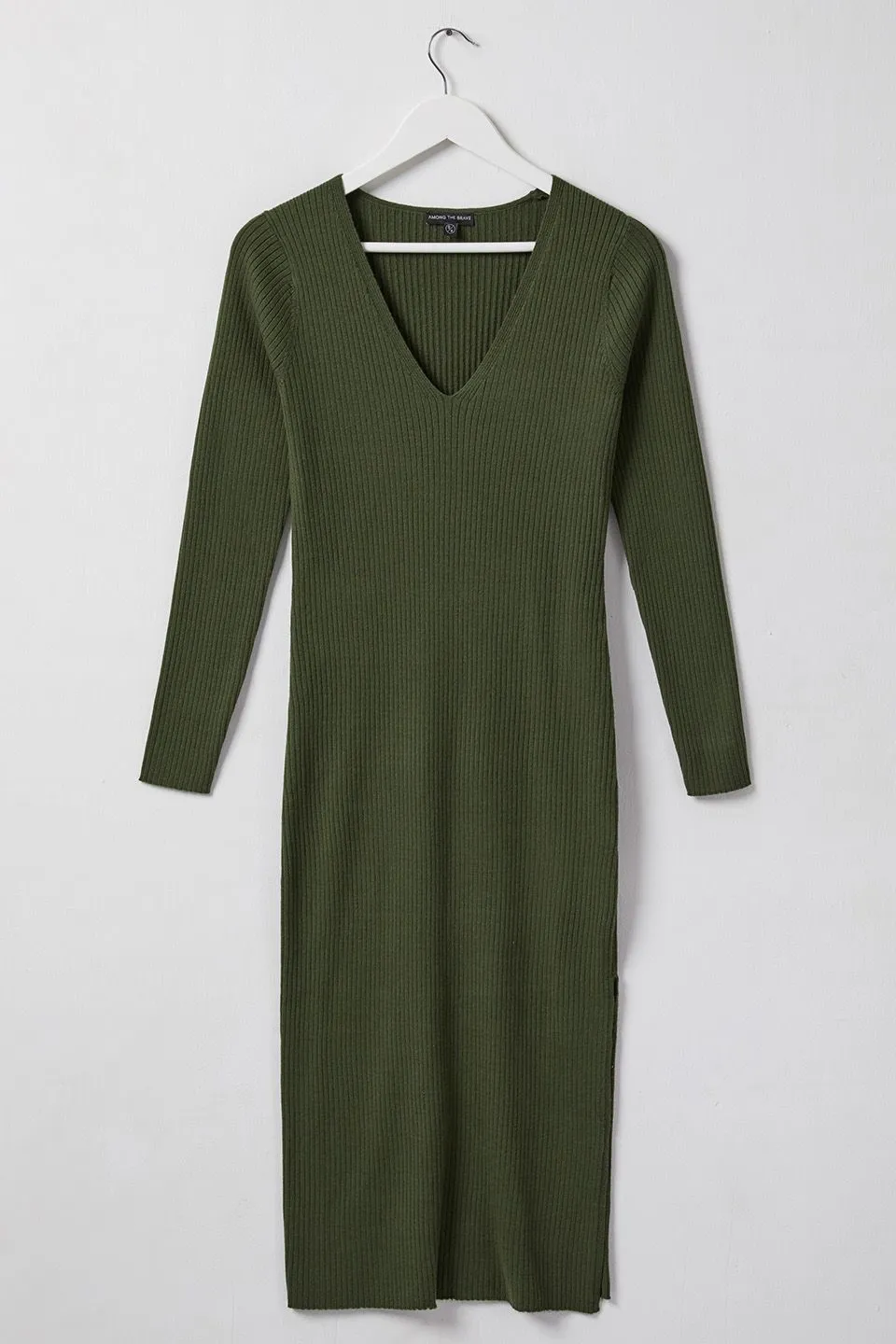 Skillful Dark Khaki LS Rib Knit V Neck Midi Dress