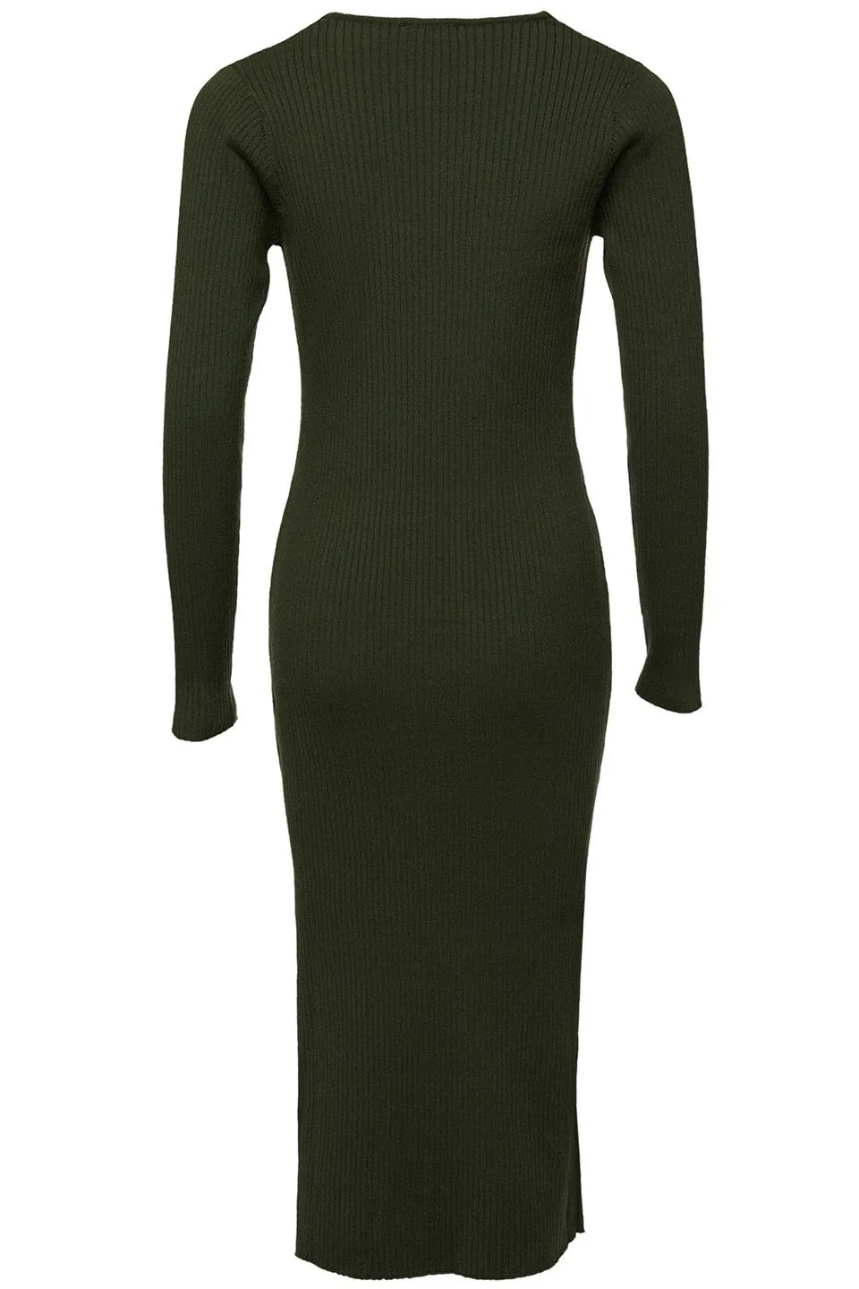 Skillful Dark Khaki LS Rib Knit V Neck Midi Dress