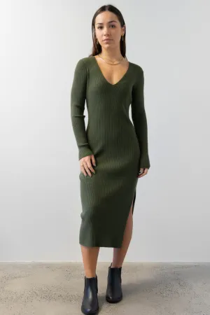 Skillful Dark Khaki LS Rib Knit V Neck Midi Dress