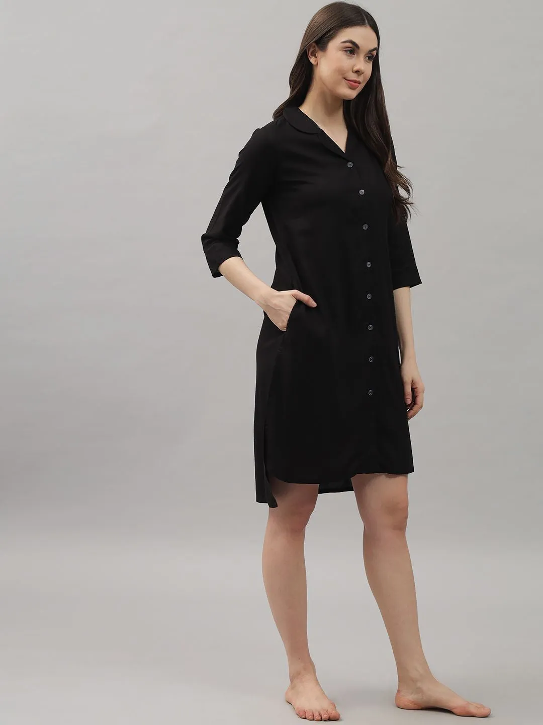 Solid Black Knee Length Rayon Sleep Shirt