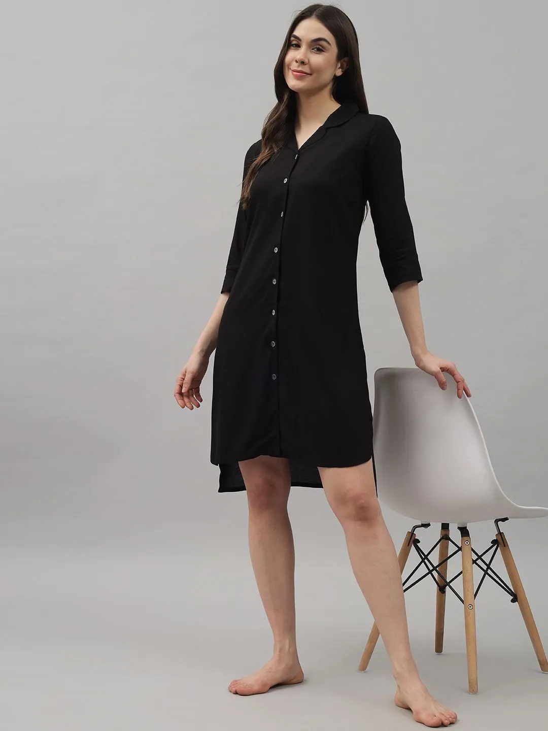 Solid Black Knee Length Rayon Sleep Shirt