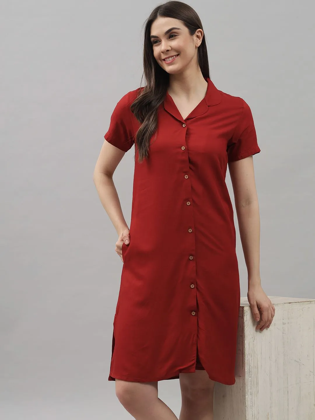 Solid Maroon Knee Length Rayon Sleep Shirt