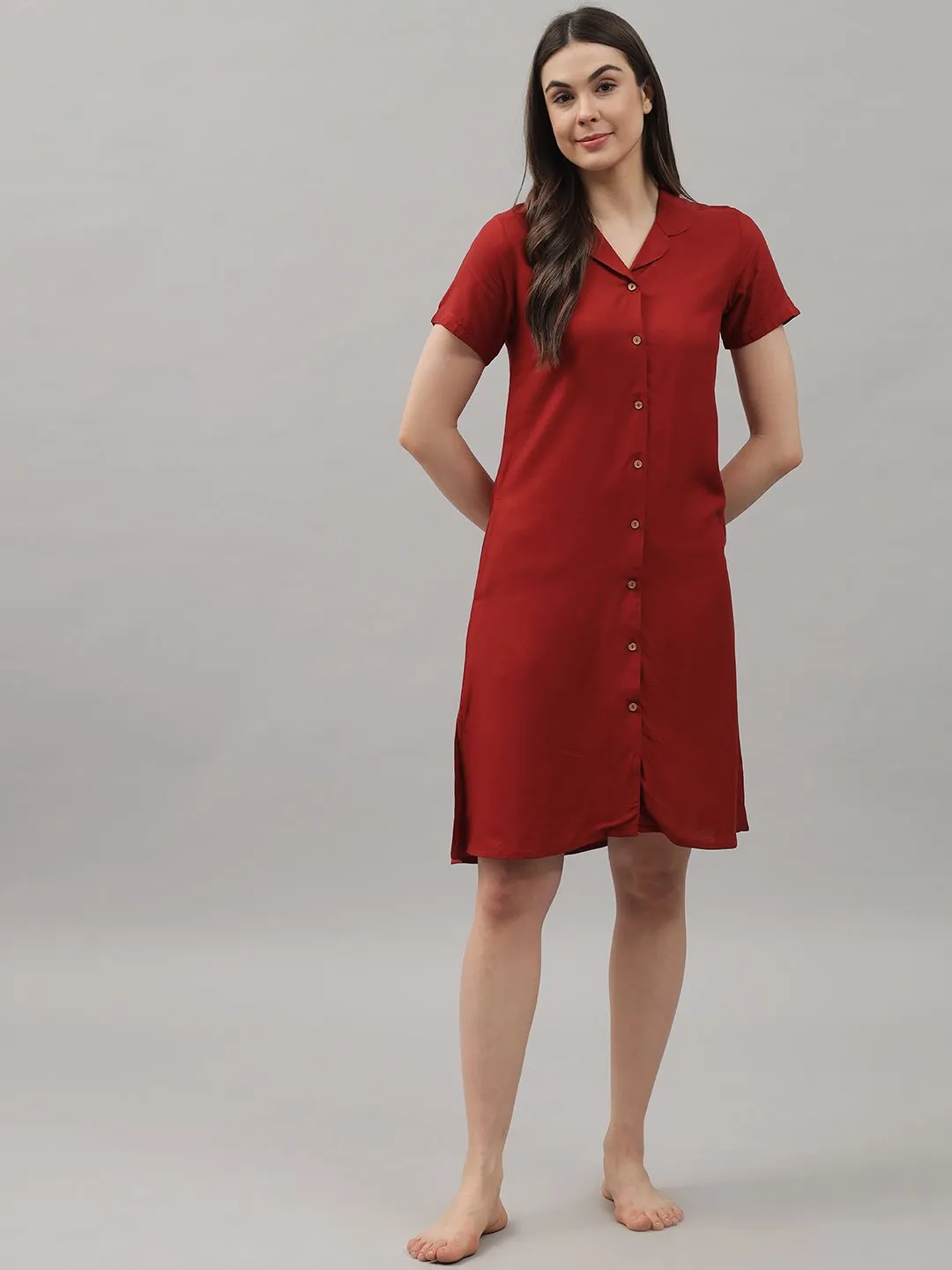 Solid Maroon Knee Length Rayon Sleep Shirt