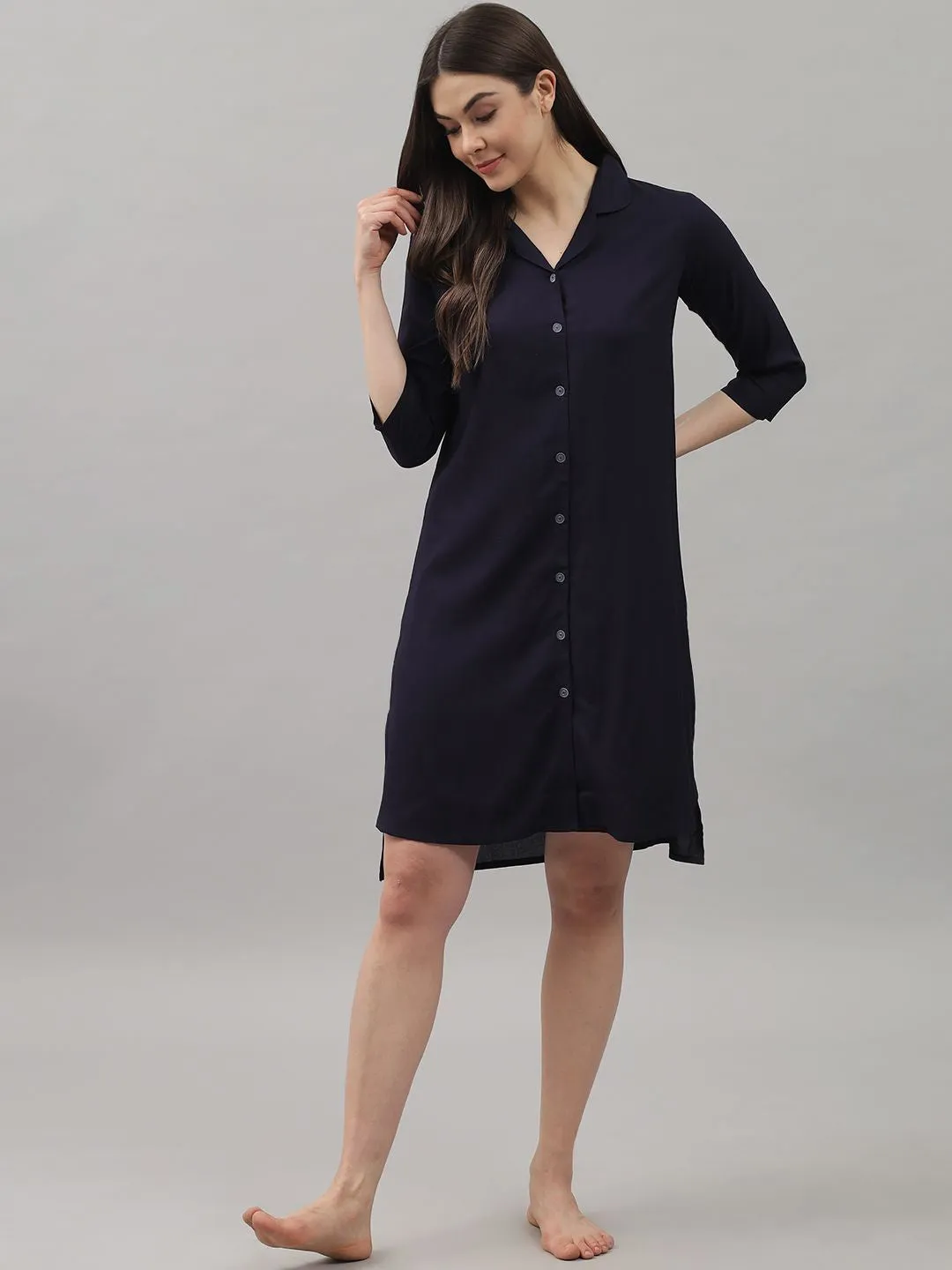 Solid Navy Blue Knee Length Rayon Sleep Shirt