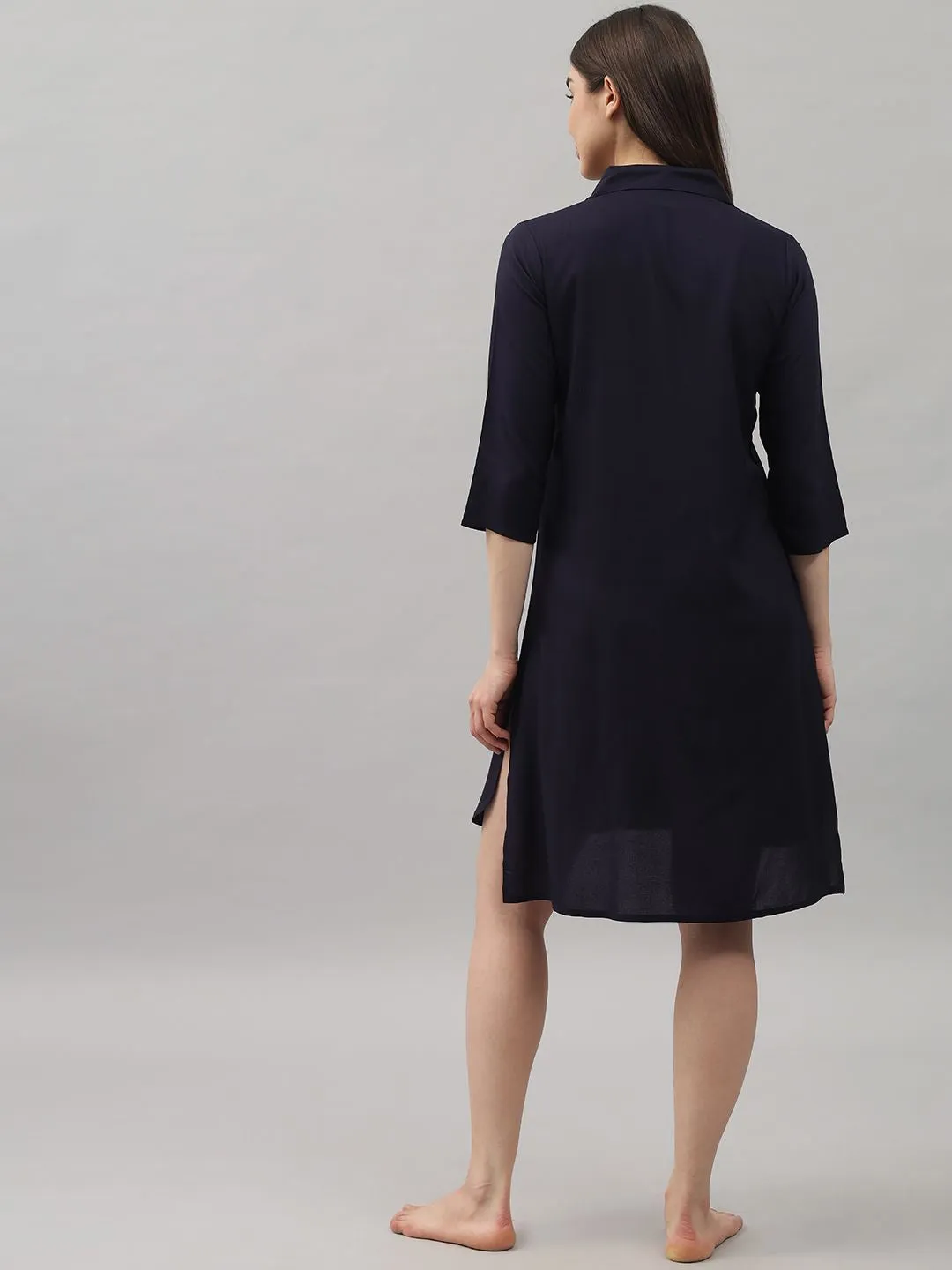 Solid Navy Blue Knee Length Rayon Sleep Shirt