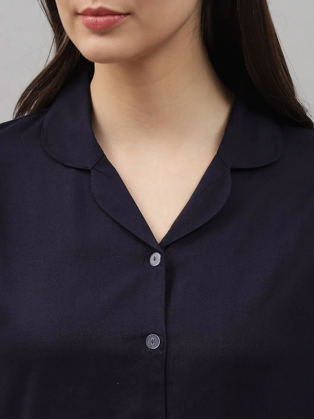 Solid Navy Blue Knee Length Rayon Sleep Shirt