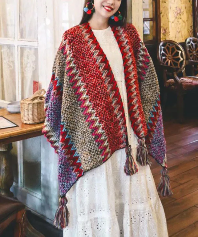 Style Colorblock Tasseled Print Warm Knit Shawl