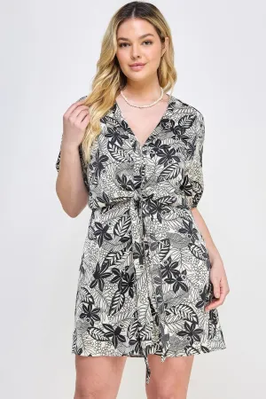 Stylish Plus Size Dress with Front Tie & Botanical Print