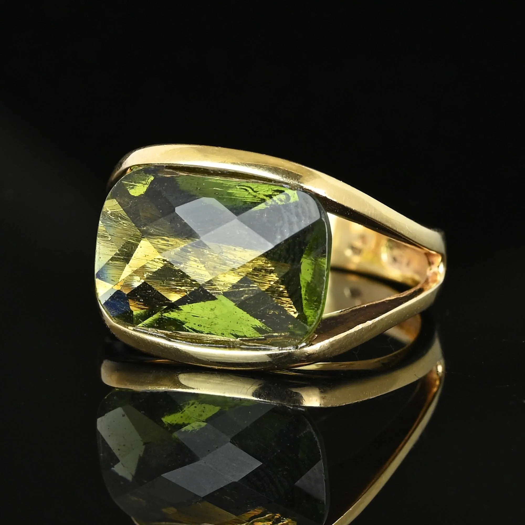 Unique 14K Gold Checkerboard Cut Natural Moldavite Ring