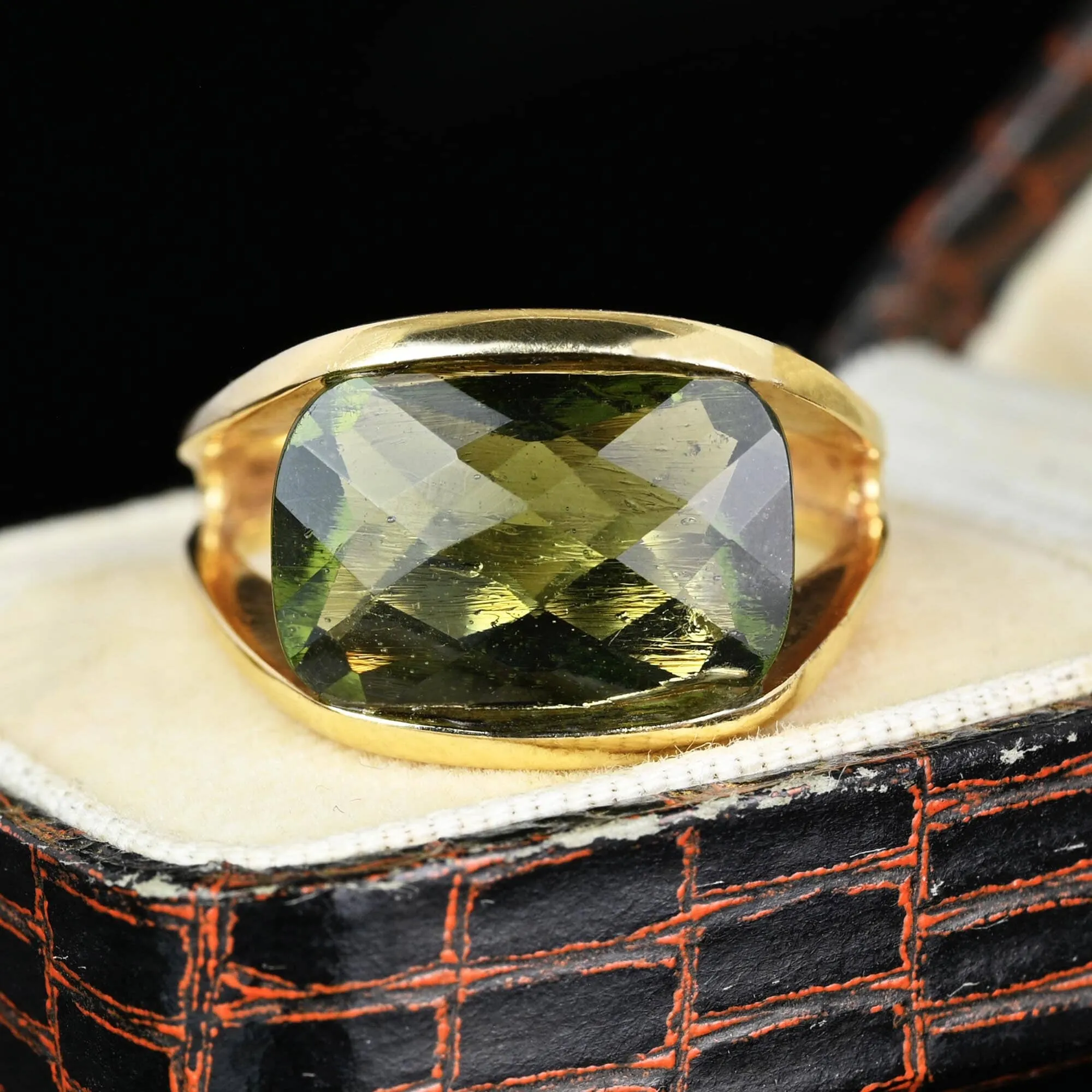 Unique 14K Gold Checkerboard Cut Natural Moldavite Ring