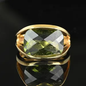 Unique 14K Gold Checkerboard Cut Natural Moldavite Ring