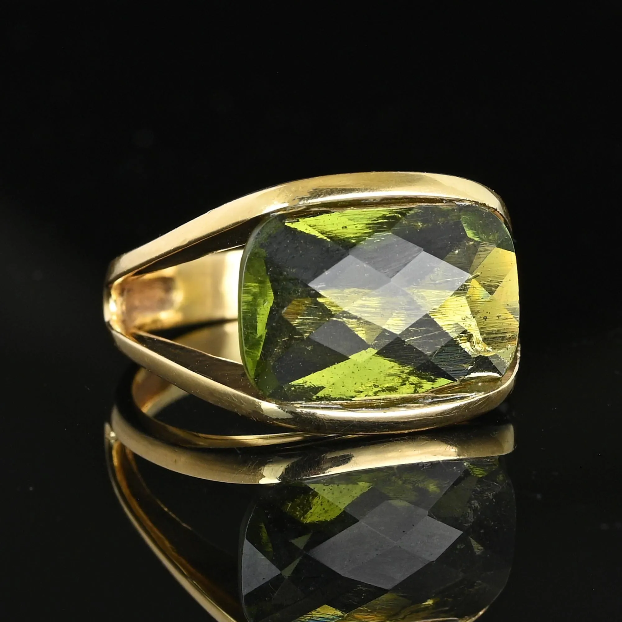 Unique 14K Gold Checkerboard Cut Natural Moldavite Ring