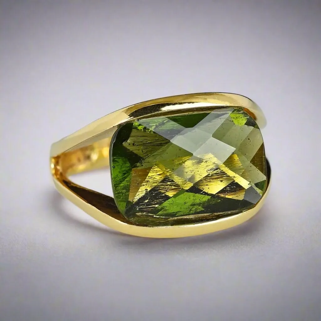 Unique 14K Gold Checkerboard Cut Natural Moldavite Ring