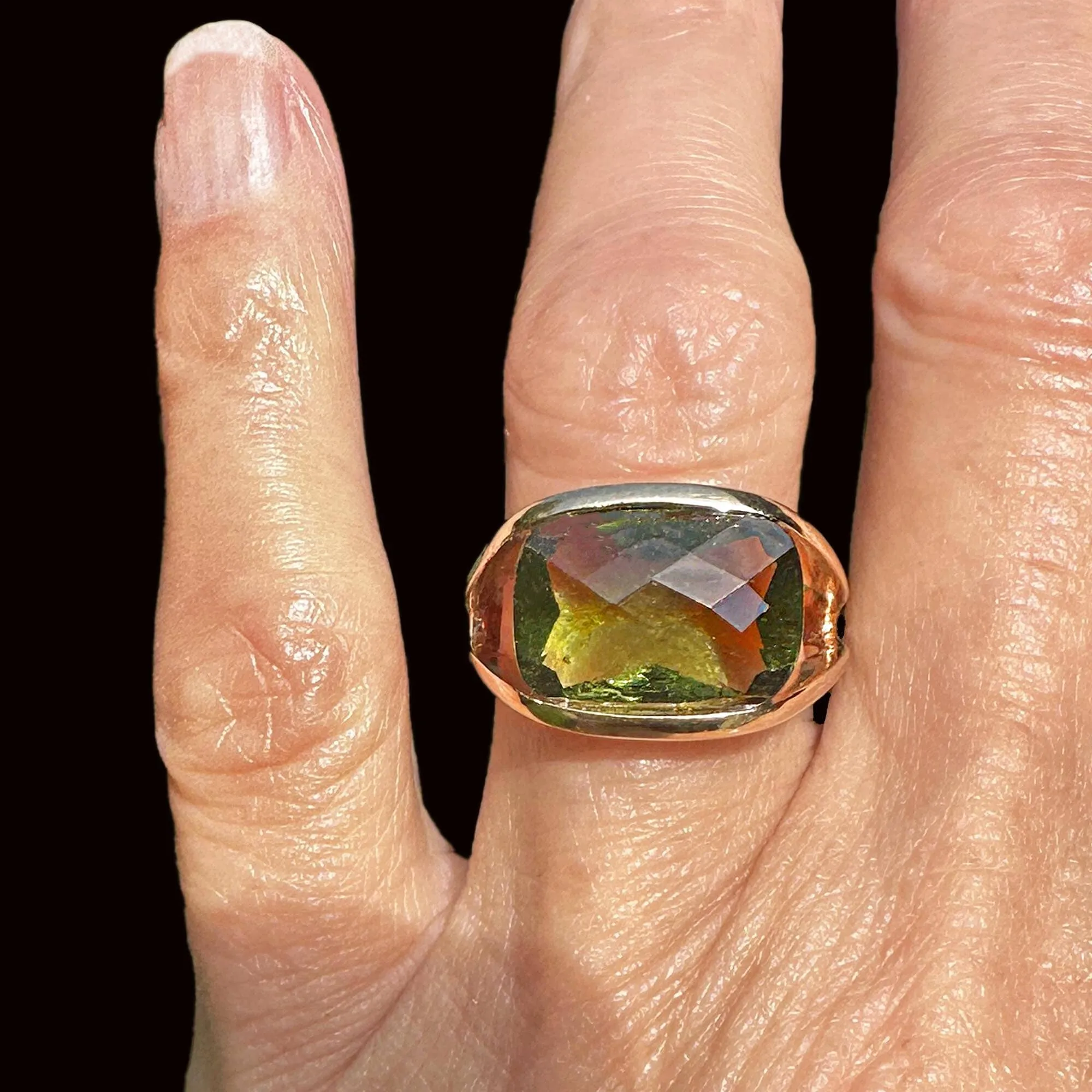 Unique 14K Gold Checkerboard Cut Natural Moldavite Ring