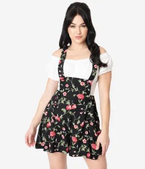 Unique Vintage 1970s Black & Red Floral Geena Pinafore Shorts