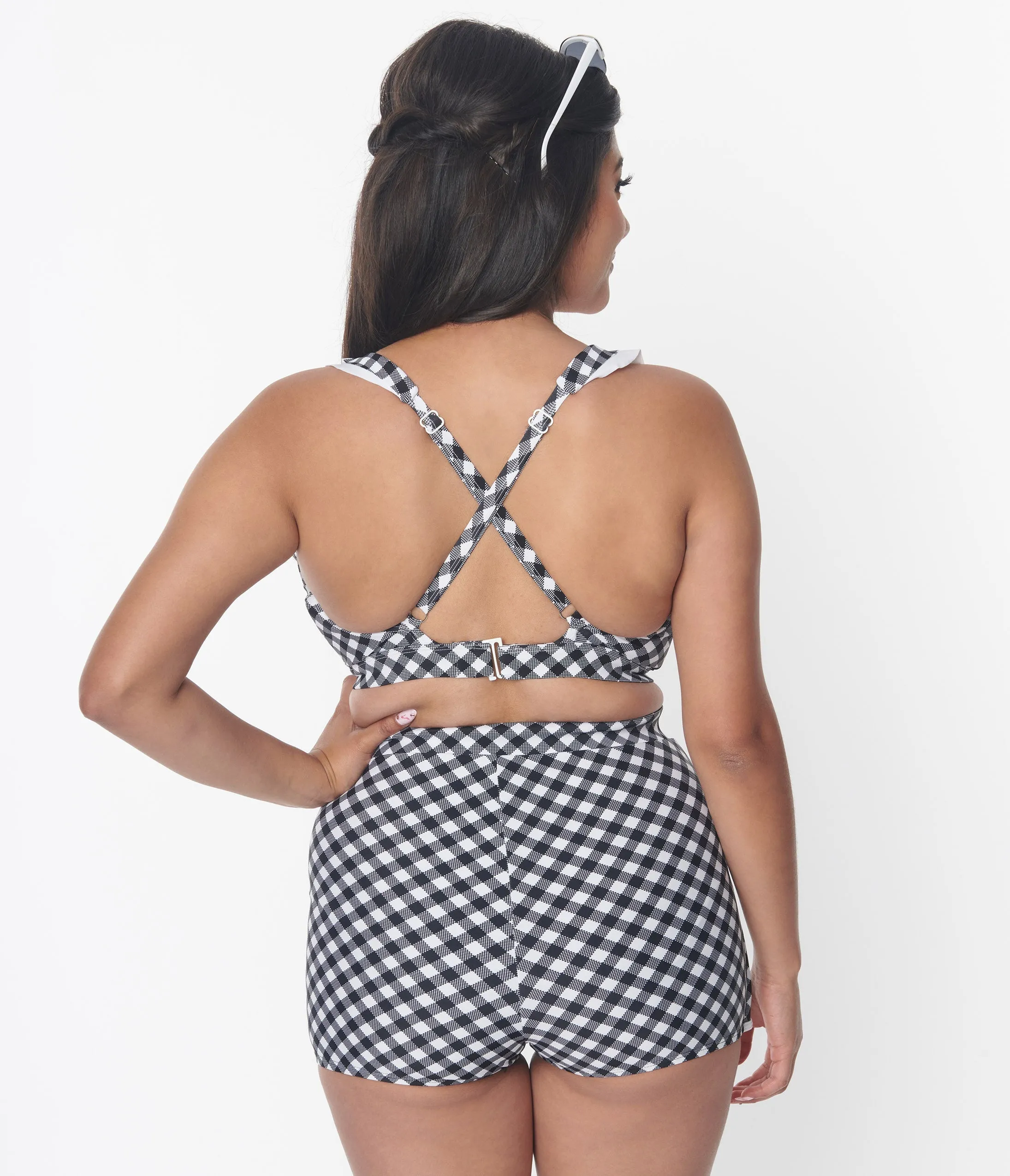 Unique Vintage Black & White Gingham High Waist Skort Swim Bottom