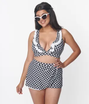 Unique Vintage Black & White Gingham High Waist Skort Swim Bottom