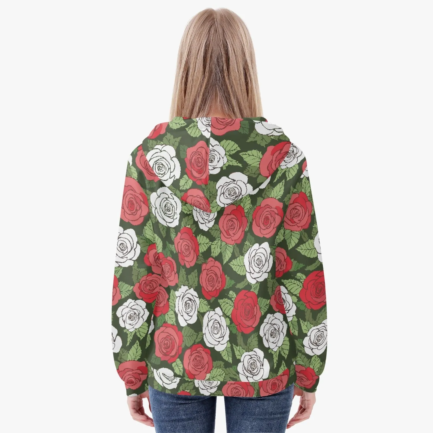 Veste à capuche zippée AOP pour femme "Verte, Roses rouges et blanches" (221)