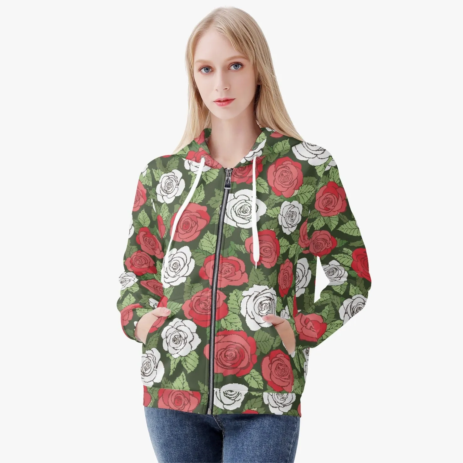 Veste à capuche zippée AOP pour femme "Verte, Roses rouges et blanches" (221)