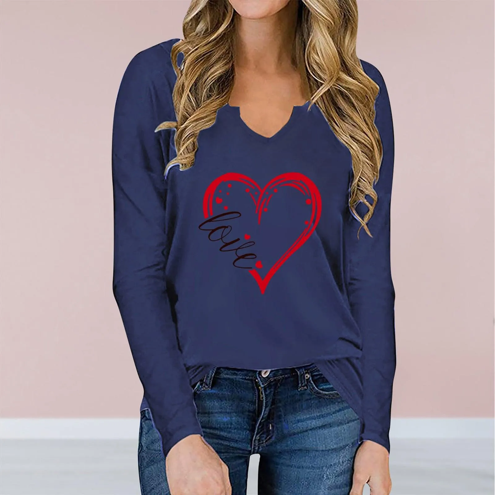 Vneck ValentineDay Printed Tshirt Cross Border long Sleeved Loose Top