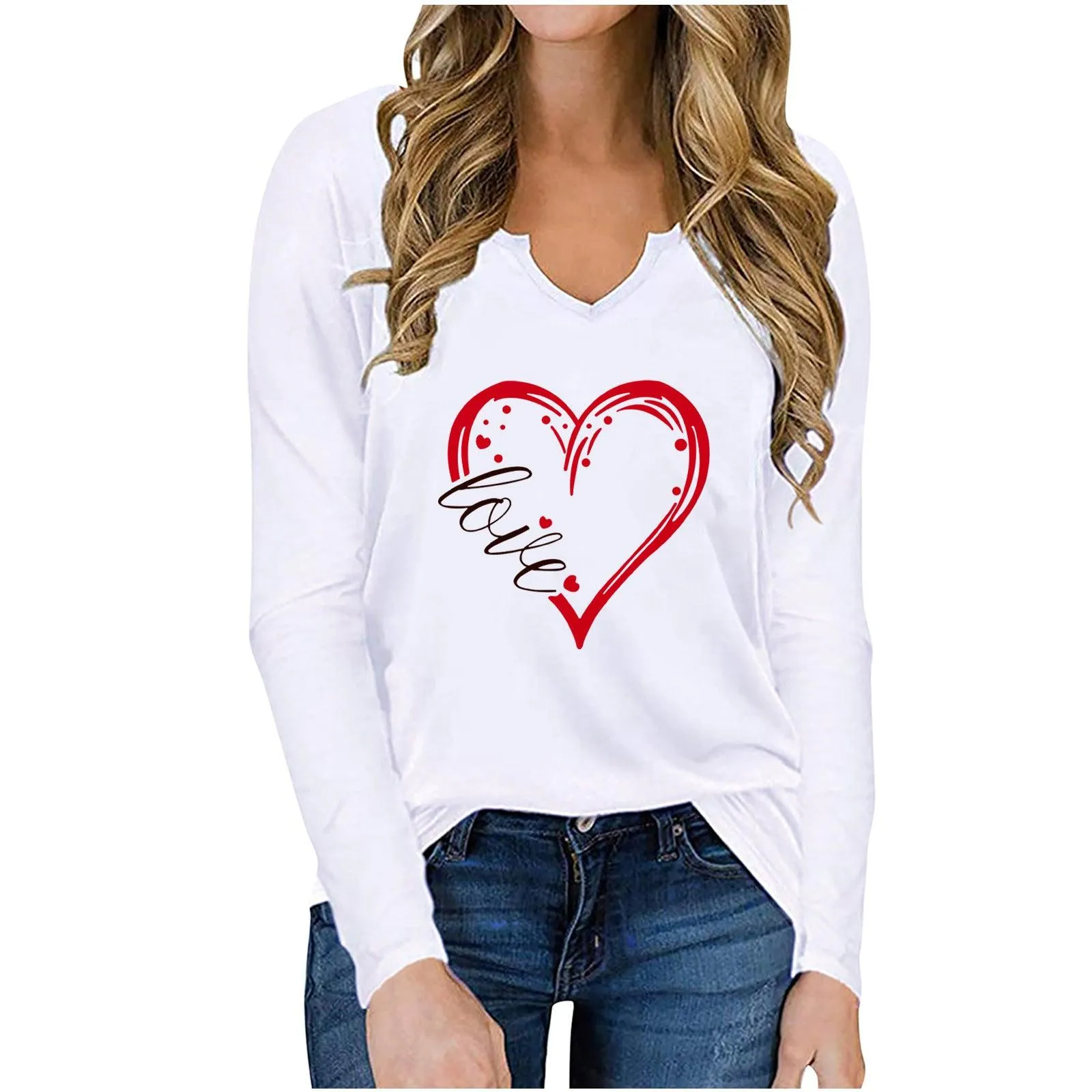 Vneck ValentineDay Printed Tshirt Cross Border long Sleeved Loose Top