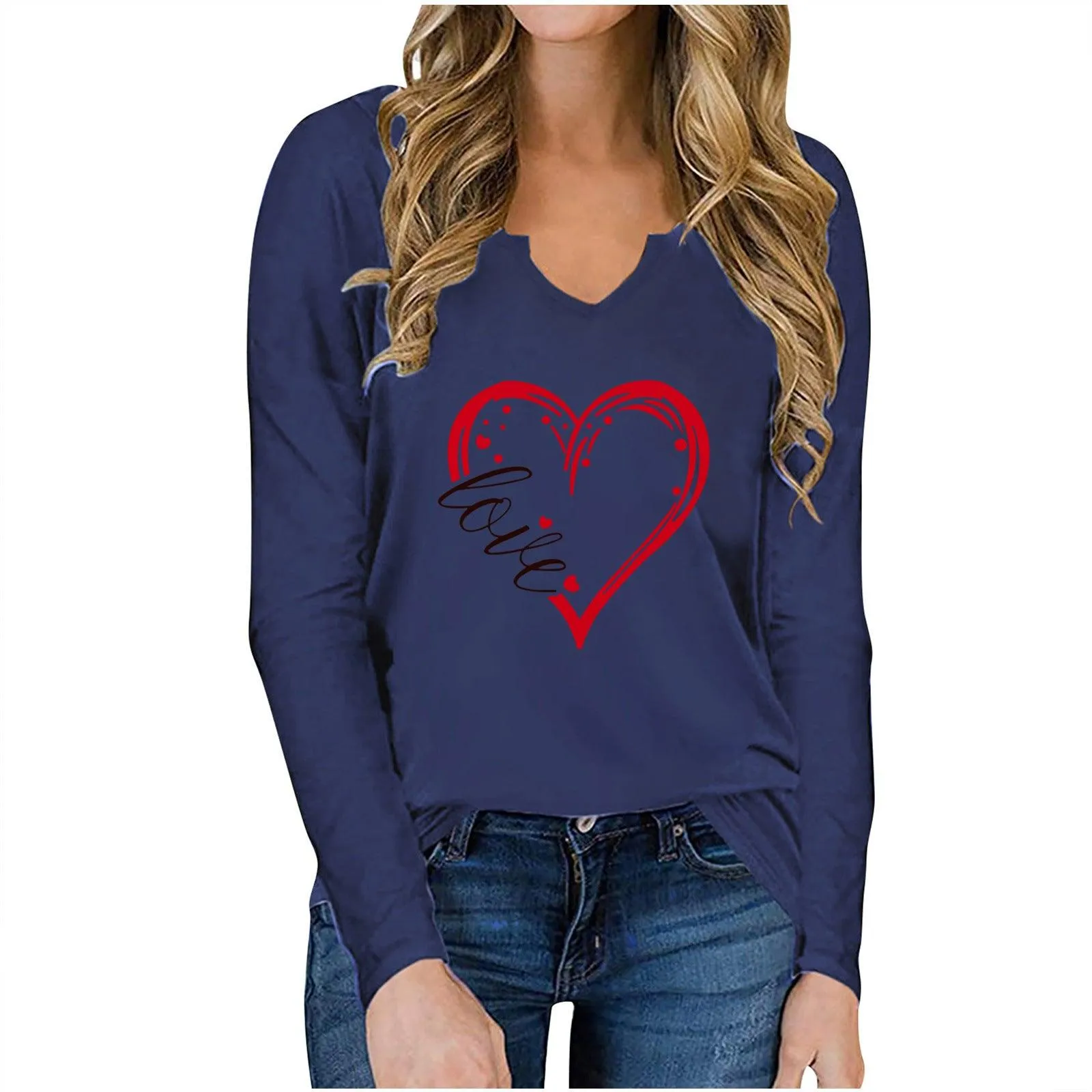 Vneck ValentineDay Printed Tshirt Cross Border long Sleeved Loose Top