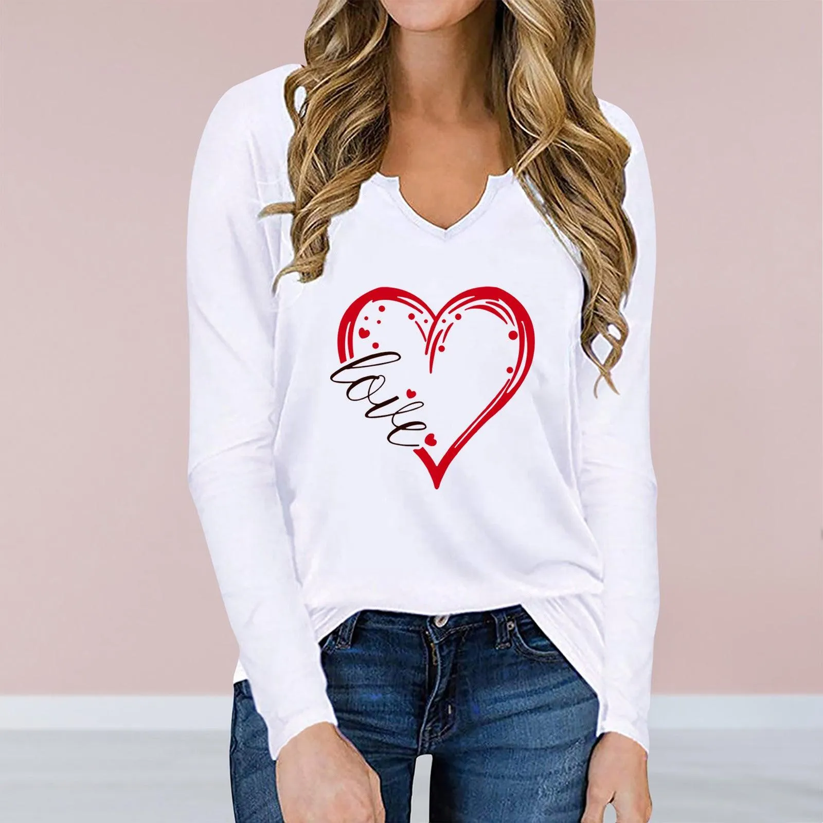 Vneck ValentineDay Printed Tshirt Cross Border long Sleeved Loose Top