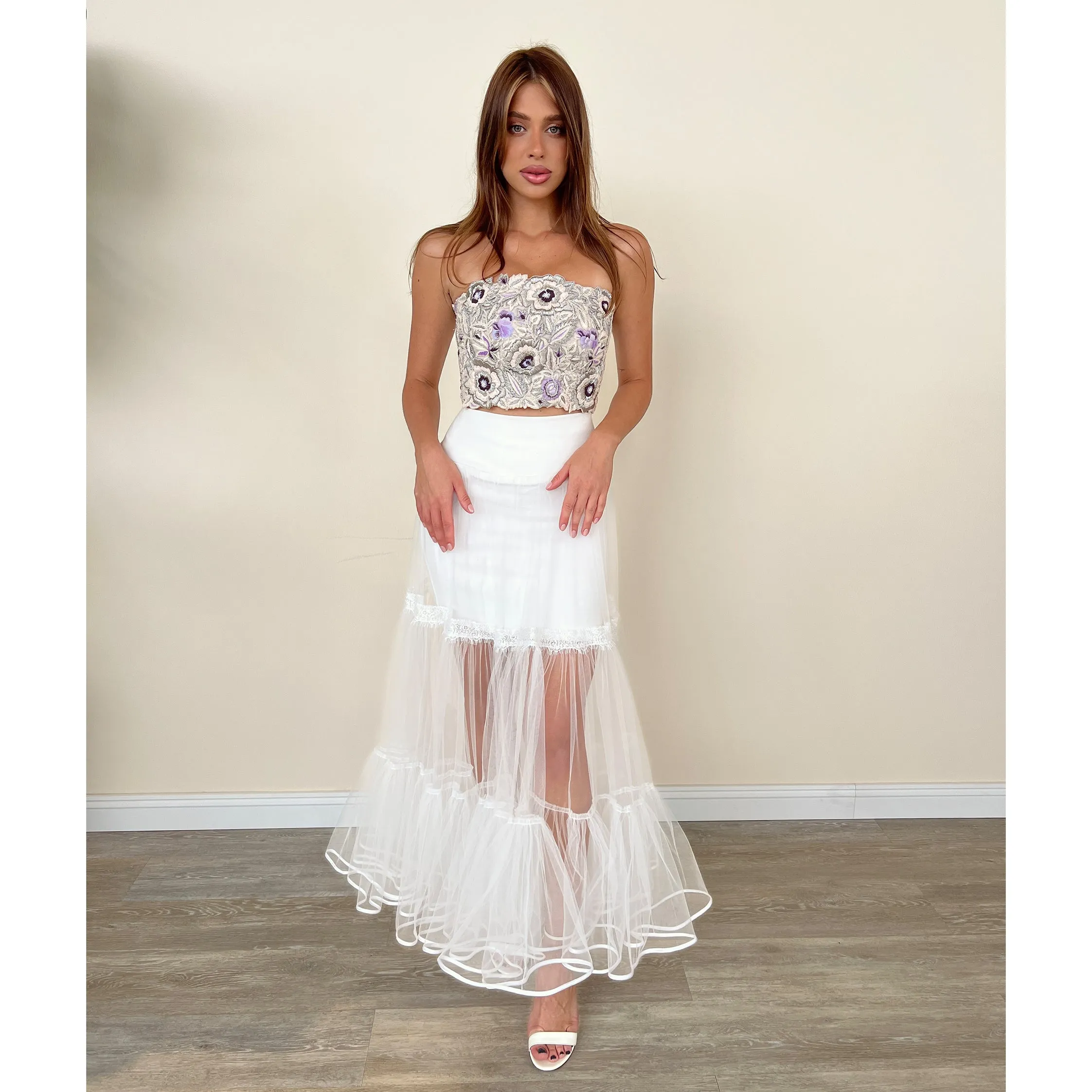 White Tulle Tiered with Lace Skirt Sculpting Waistband