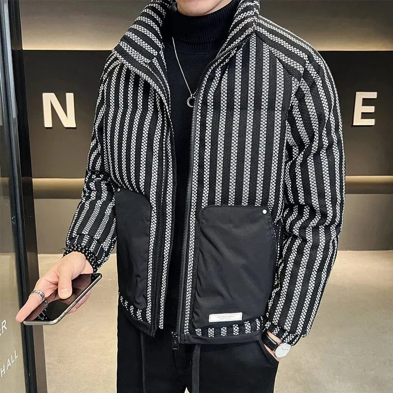 Winter Zipper Down Coat Jacket for Men with Vertical Stripe and Pockets Detailing