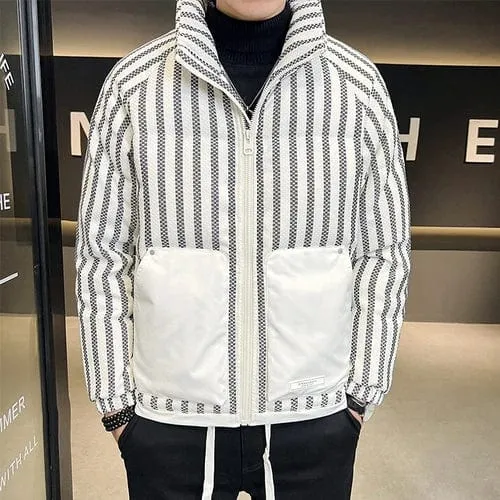 Winter Zipper Down Coat Jacket for Men with Vertical Stripe and Pockets Detailing