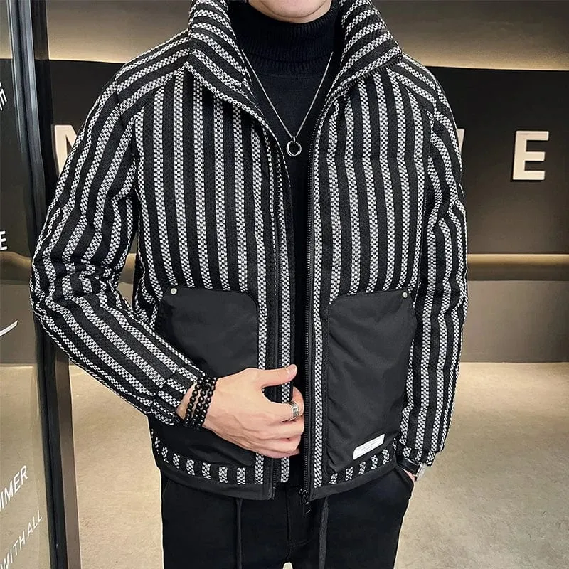 Winter Zipper Down Coat Jacket for Men with Vertical Stripe and Pockets Detailing