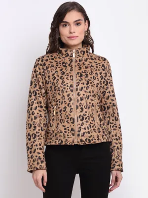 Women Brown Round Neck Printed Jacket