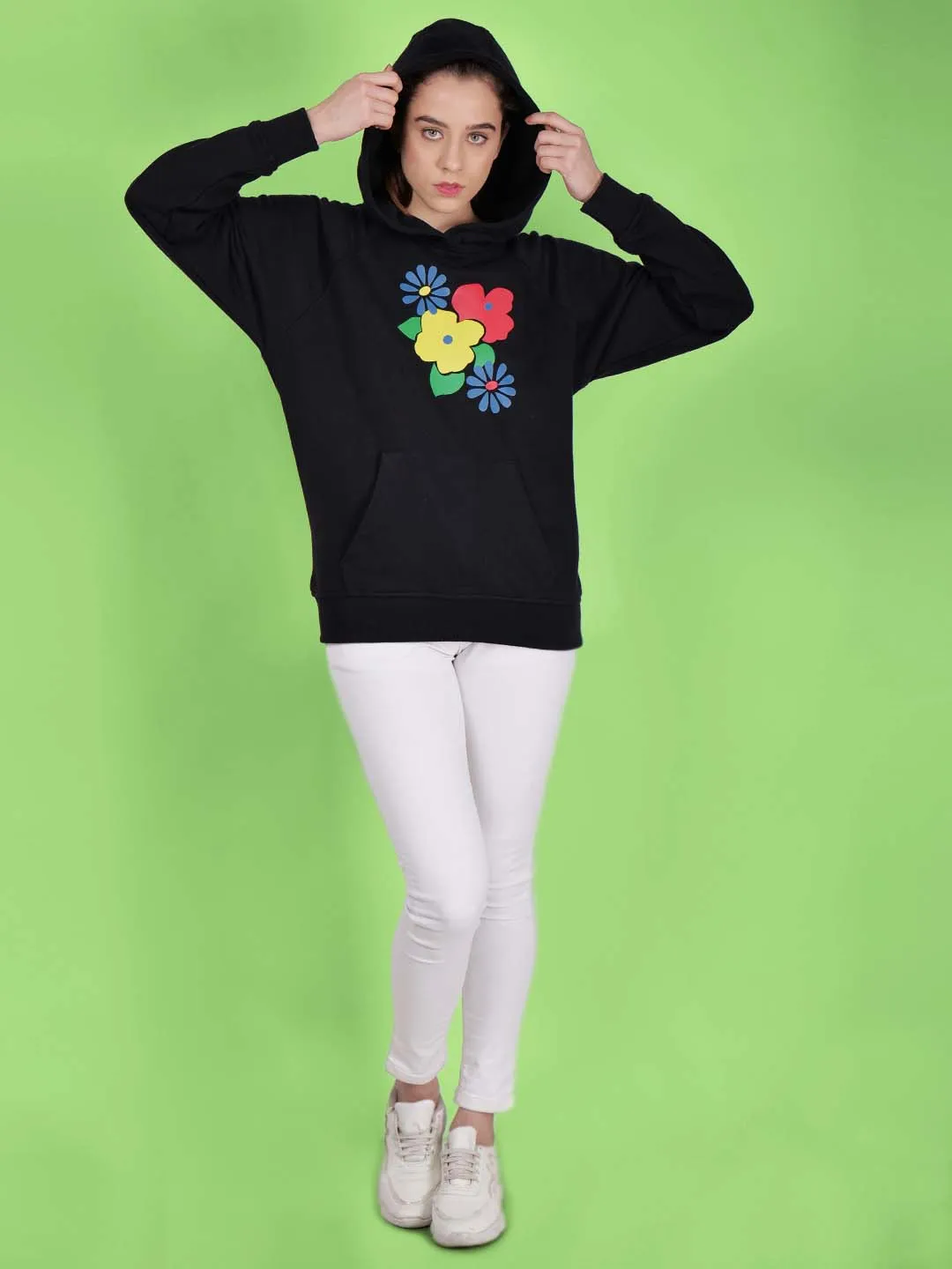 Women Floral Printed Cotton Black Hoodie