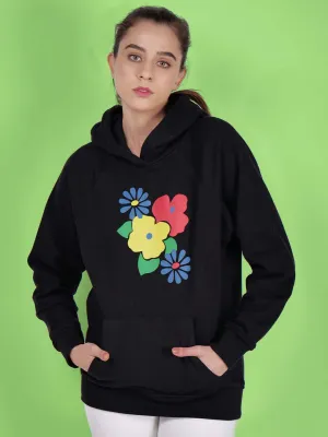 Women Floral Printed Cotton Black Hoodie