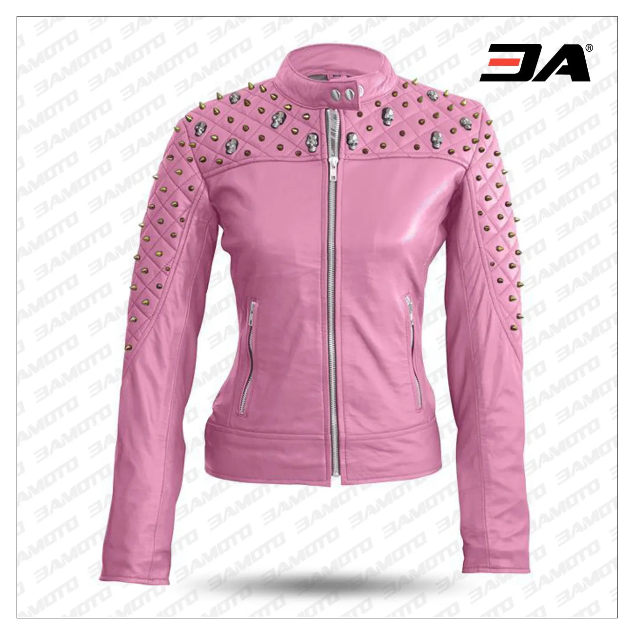 Women Pink Quilted Gold Studded Skeletons Genuine Leather Jacket