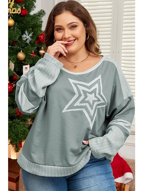 Women Stars Patchwork Round Neck Plus Size T Shirt