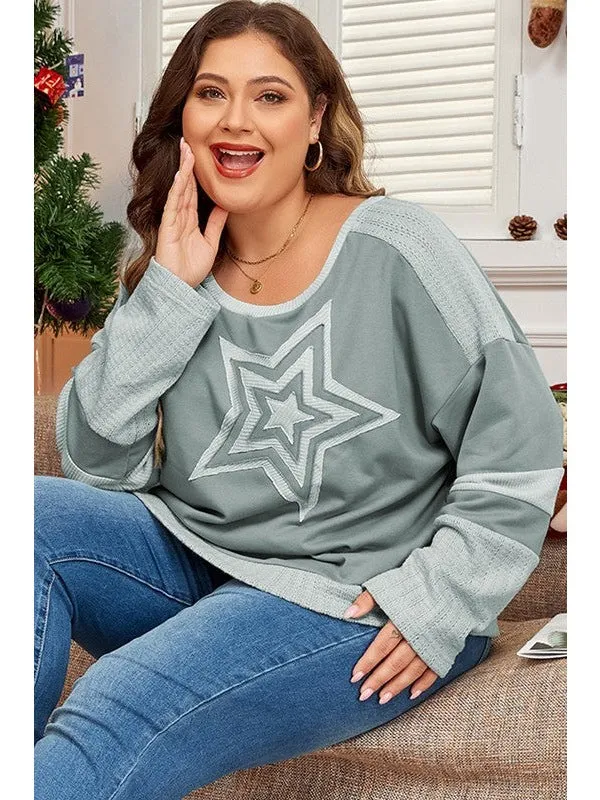 Women Stars Patchwork Round Neck Plus Size T Shirt