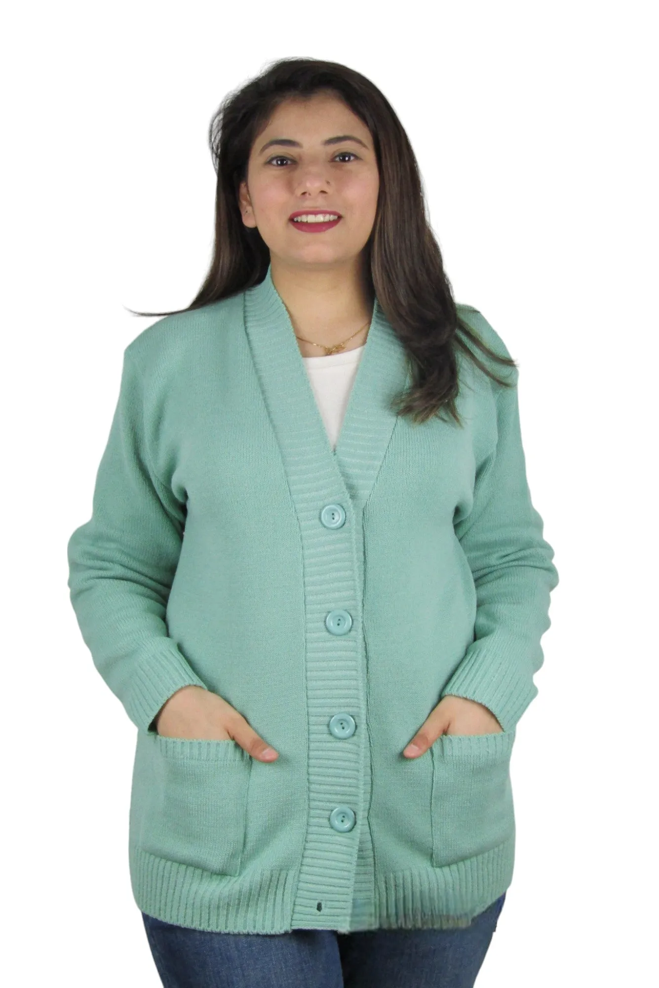 Womens Plain Long Sleeve Open Front Knitted Button Cardigan Pocket Sweater Top