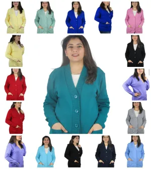 Womens Plain Long Sleeve Open Front Knitted Button Cardigan Pocket Sweater Top