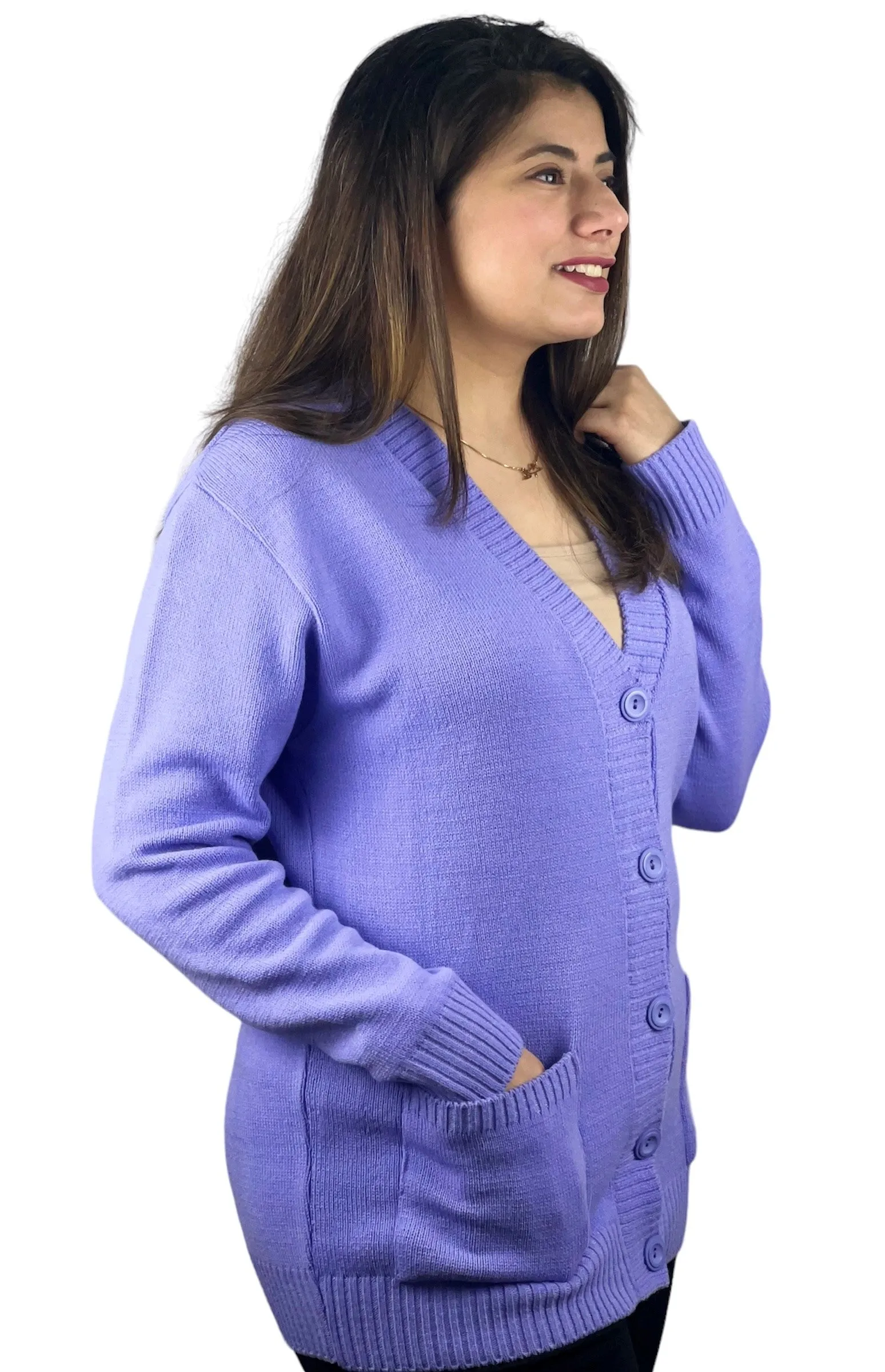 Womens Plain Long Sleeve Open Front Knitted Button Cardigan Pocket Sweater Top