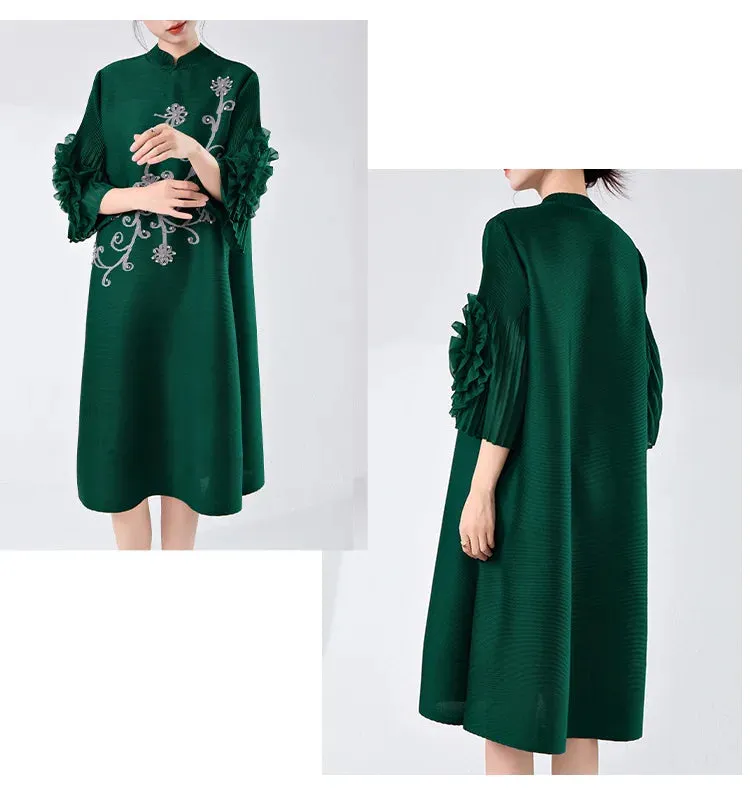 Women's Pleated Dress with Ruffle Sleeves – Elegant & Stylish