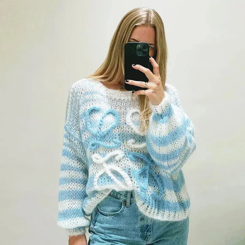 Womens Sweaters Oversized Knitted Rainbow Sweater Women Fashion Stripes Contrast Round Neck Pullover Casual Loose Cute Jumper 231005