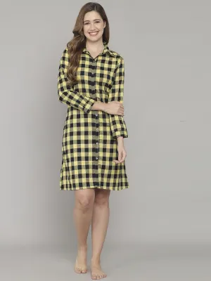 Yellow And Black Check Print Knee Length Cotton Sleep Shirt